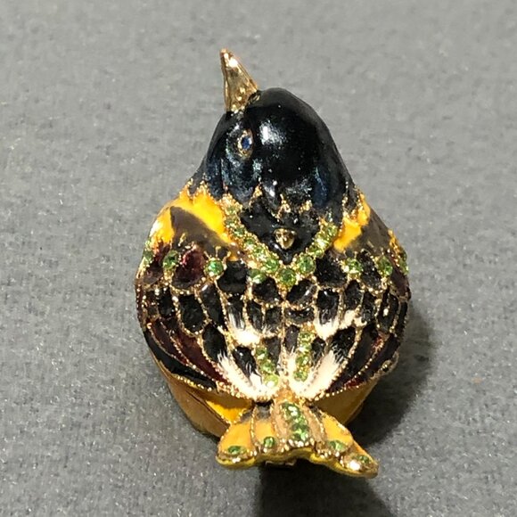 Bird Enameled Trinket box Black Head Yellow Wings Bejeweled - Picture 4 of 10